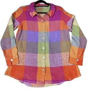 Soft Surroundings Linen Blend Multi Plaid Summer Preppy Comfy Galina Tunic  Sz M